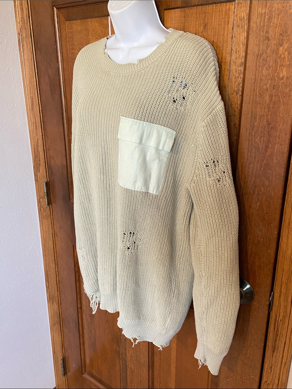 SER O YA Unisex Devin distressed sweater pale green pullover Cotton knit Large - Picture 4 of 10